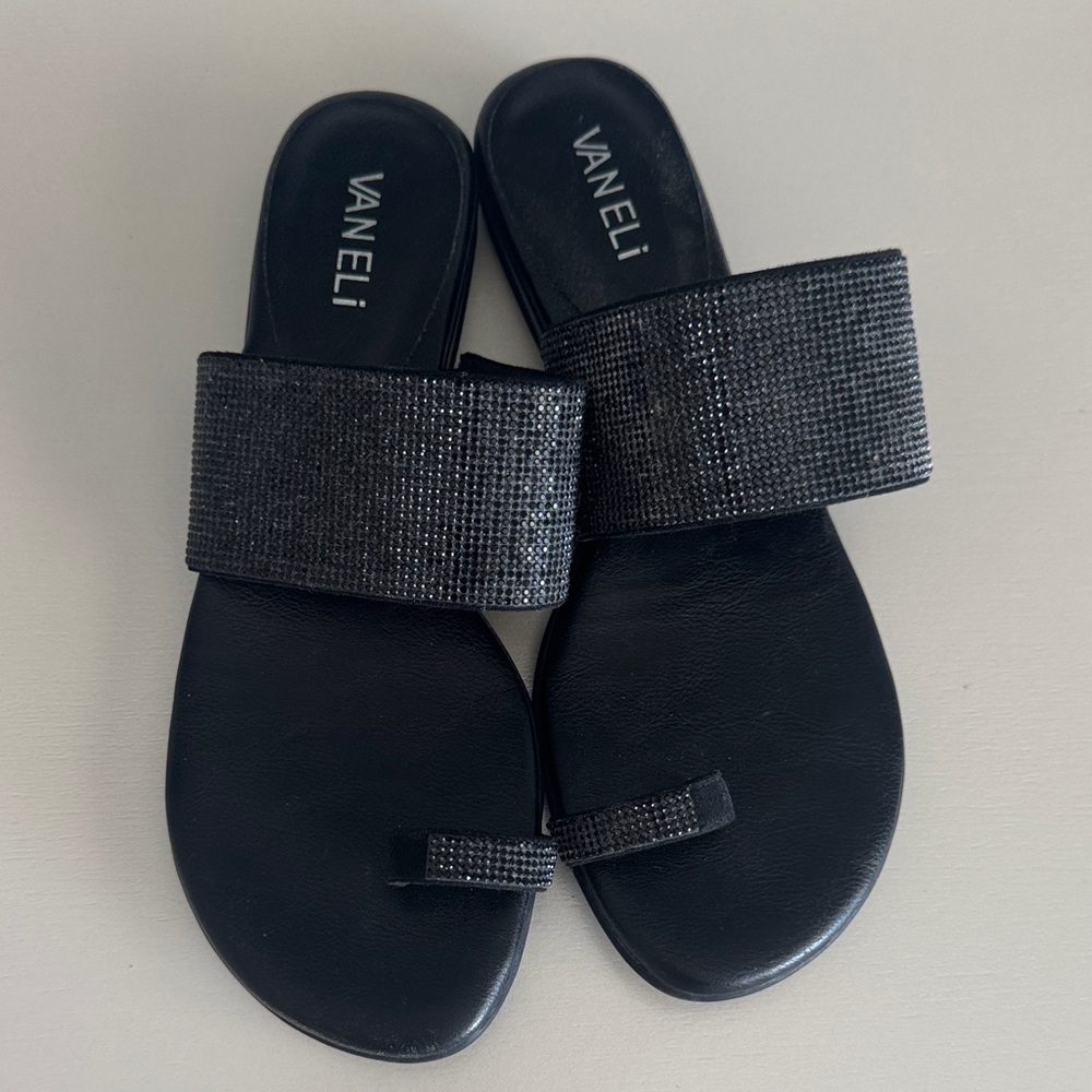 Vaneli Black Crystal-Embellished Toe-Ring Slide Sandals